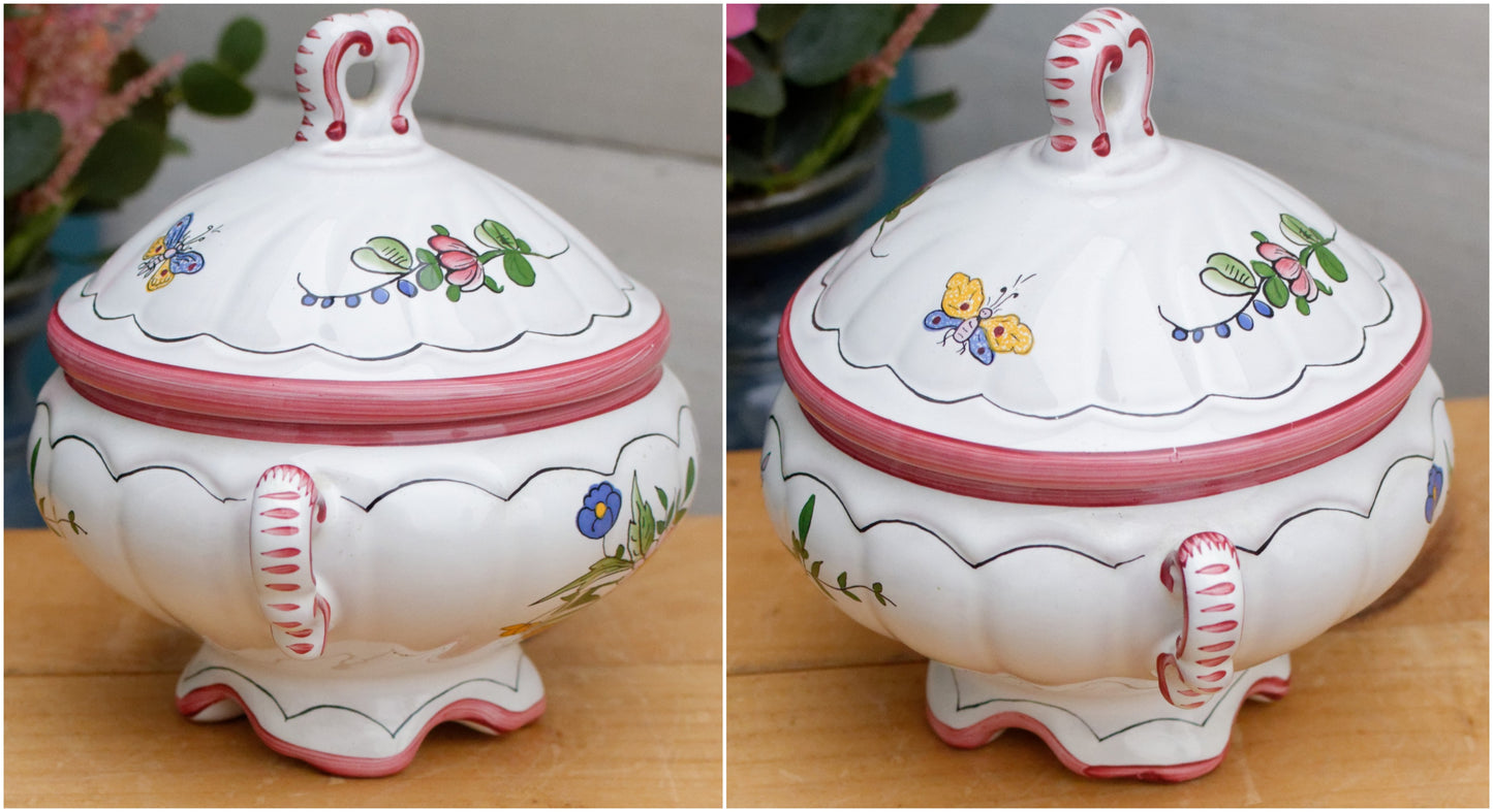French Vintage Hand-Painted Faience Collectible Earthenware Covered Mini Serving Piece Faiencerie Artisanale Roullet Renoleau Basse St Genis d'Hiersac Charente