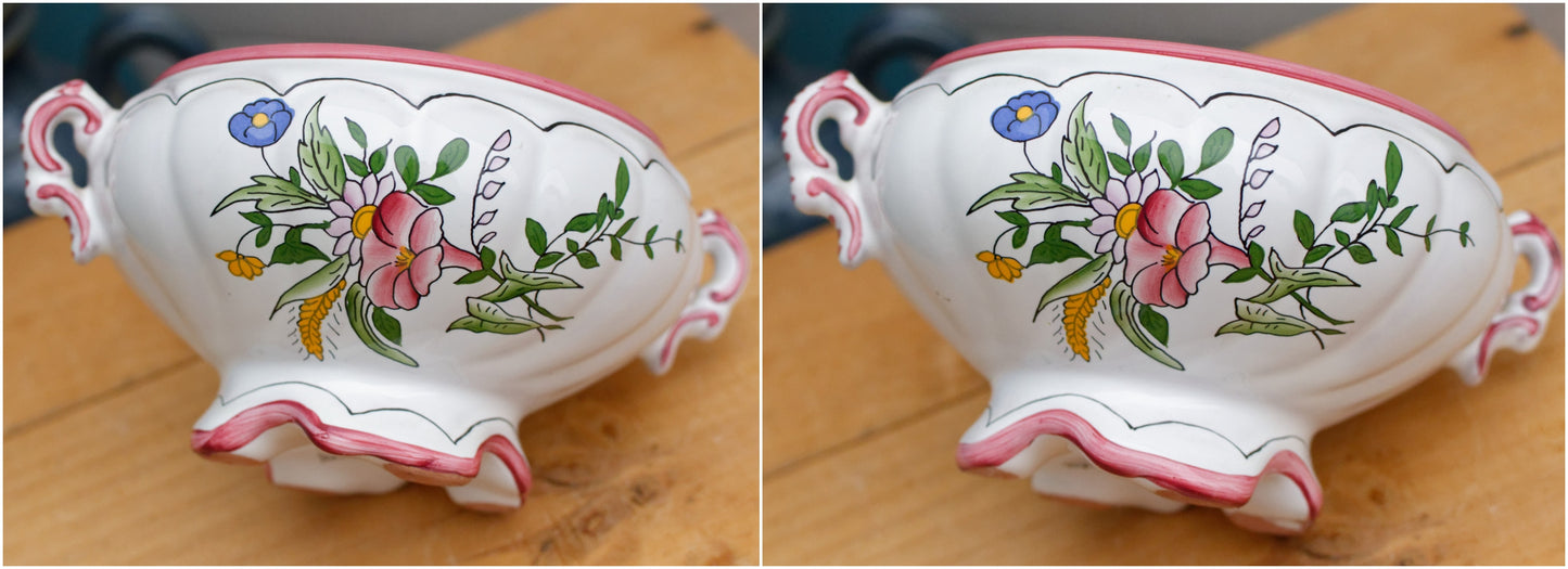 French Vintage Hand-Painted Faience Collectible Earthenware Covered Mini Serving Piece Faiencerie Artisanale Roullet Renoleau Basse St Genis d'Hiersac Charente