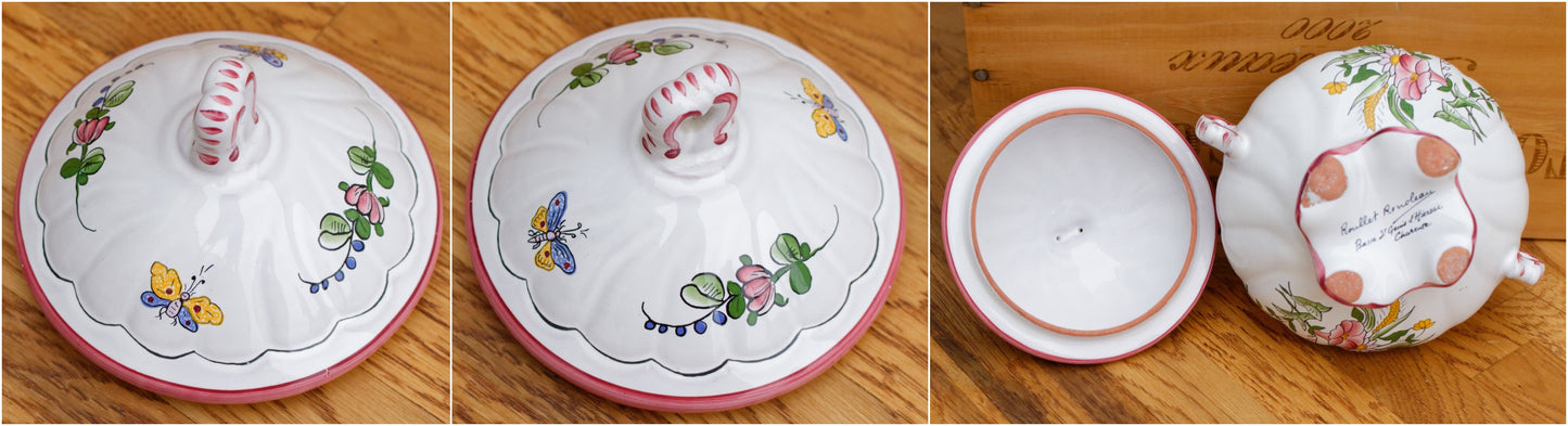 French Vintage Hand-Painted Faience Collectible Earthenware Covered Mini Serving Piece Faiencerie Artisanale Roullet Renoleau Basse St Genis d'Hiersac Charente