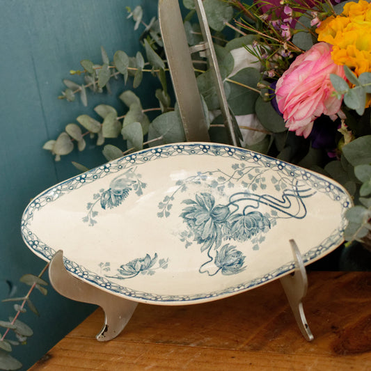 "ROYAT" Motif Sarreguemines U&C French Antique Ironstone Blue Transferware Small Oval Serving Plate "RAVIER" Terre de Fer en Faience