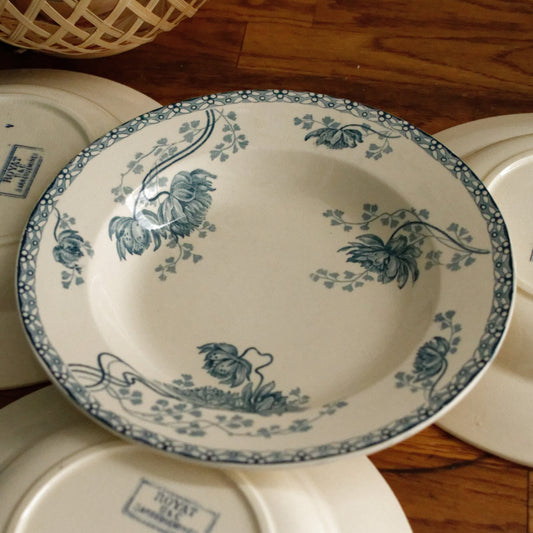 ROYAT SARREGUEMINES U&C French Antique Ironstone Blue Transferware Soup Terre de Fer Faience