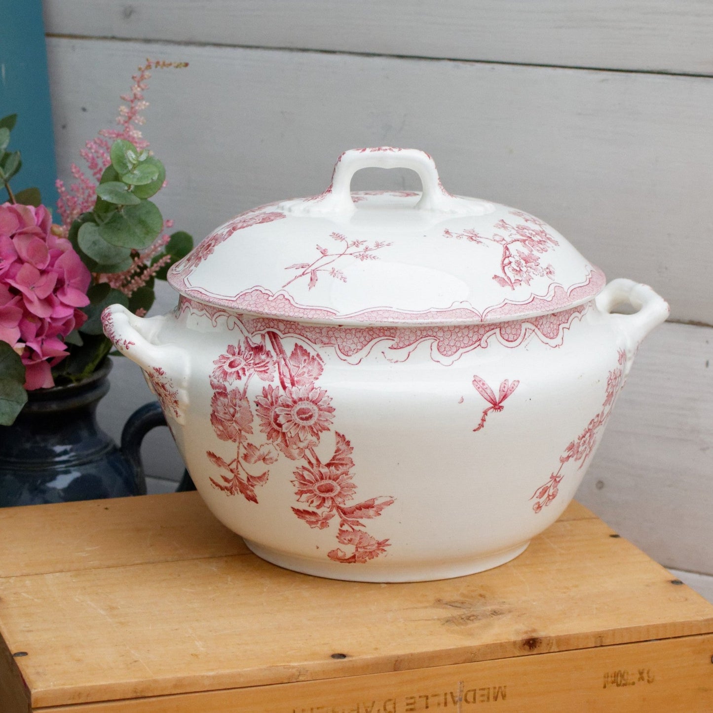 SOLEIL LONGWY French Antique Ironstone Red Transferware Soup Tureen "Soupiere" Terre de Fer