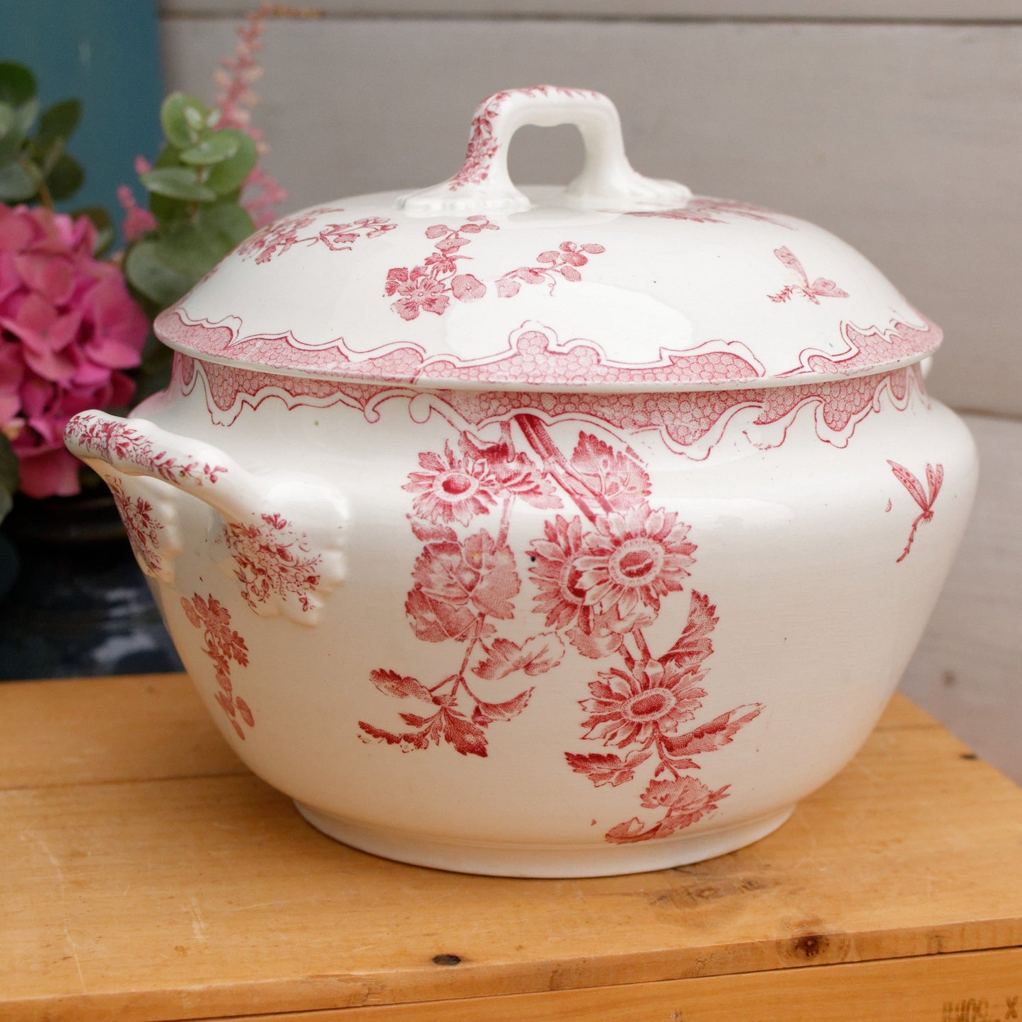SOLEIL LONGWY French Antique Ironstone Red Transferware Soup Tureen "Soupiere" Terre de Fer