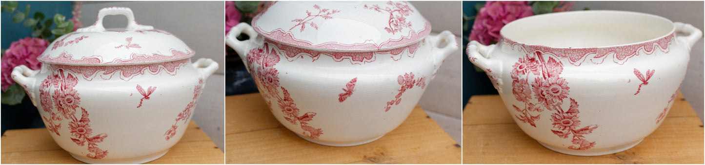 SOLEIL LONGWY French Antique Ironstone Red Transferware Soup Tureen "Soupiere" Terre de Fer