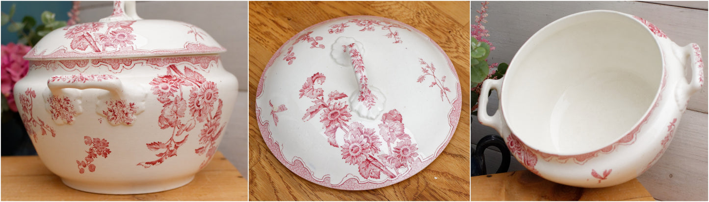 SOLEIL LONGWY French Antique Ironstone Red Transferware Soup Tureen "Soupiere" Terre de Fer