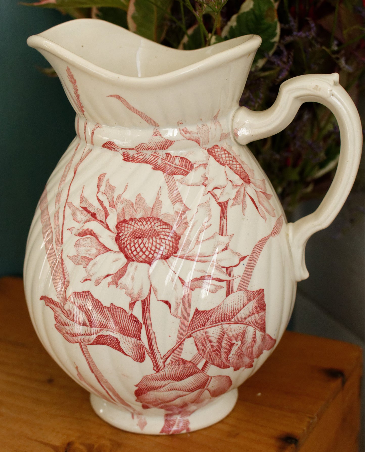 SOLIEL Sarreguemines U&C French Antique Ironstone Red Transferware Bathroom Pitcher BROC Chambre Pot Terre de Fer en Faience