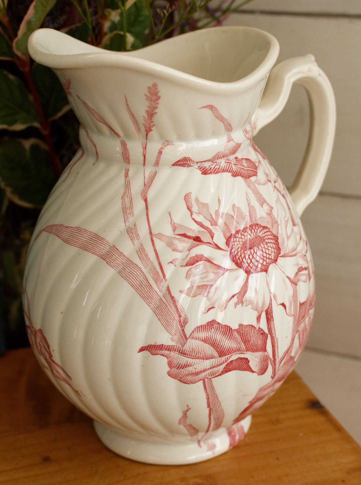 SOLIEL Sarreguemines U&C French Antique Ironstone Red Transferware Bathroom Pitcher BROC Chambre Pot Terre de Fer en Faience