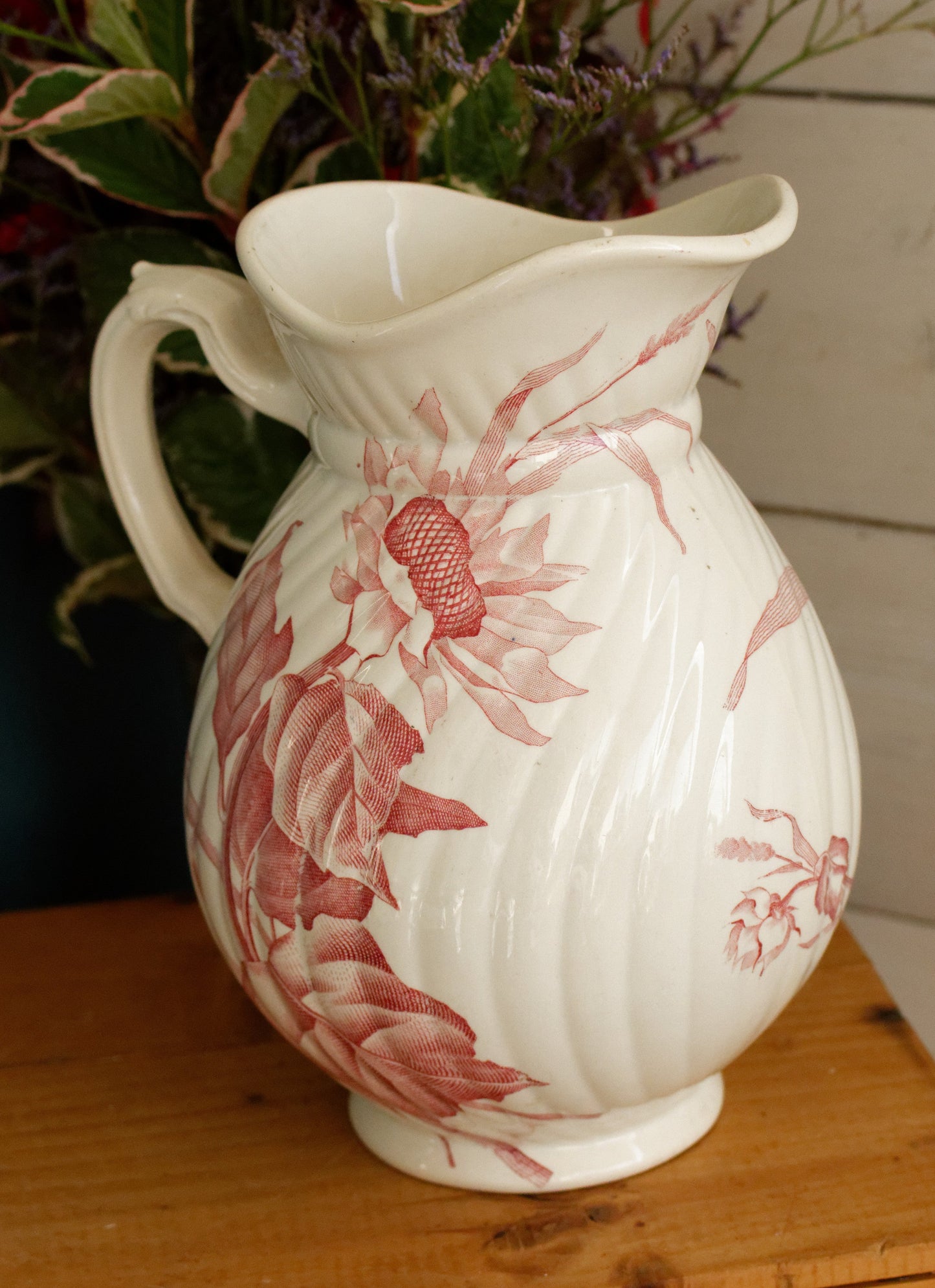 SOLIEL Sarreguemines U&C French Antique Ironstone Red Transferware Bathroom Pitcher BROC Chambre Pot Terre de Fer en Faience