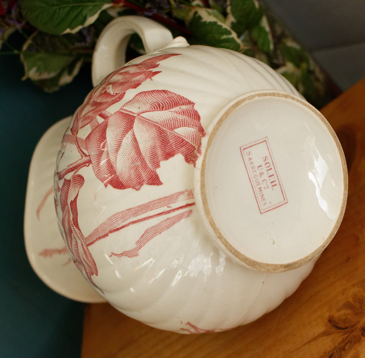 SOLIEL Sarreguemines U&C French Antique Ironstone Red Transferware Bathroom Pitcher BROC Chambre Pot Terre de Fer en Faience