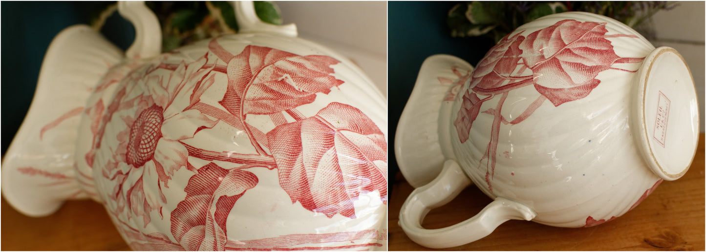 SOLIEL Sarreguemines U&C French Antique Ironstone Red Transferware Bathroom Pitcher BROC Chambre Pot Terre de Fer en Faience