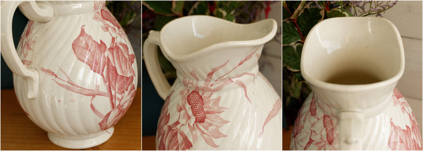 SOLIEL Sarreguemines U&C French Antique Ironstone Red Transferware Bathroom Pitcher BROC Chambre Pot Terre de Fer en Faience