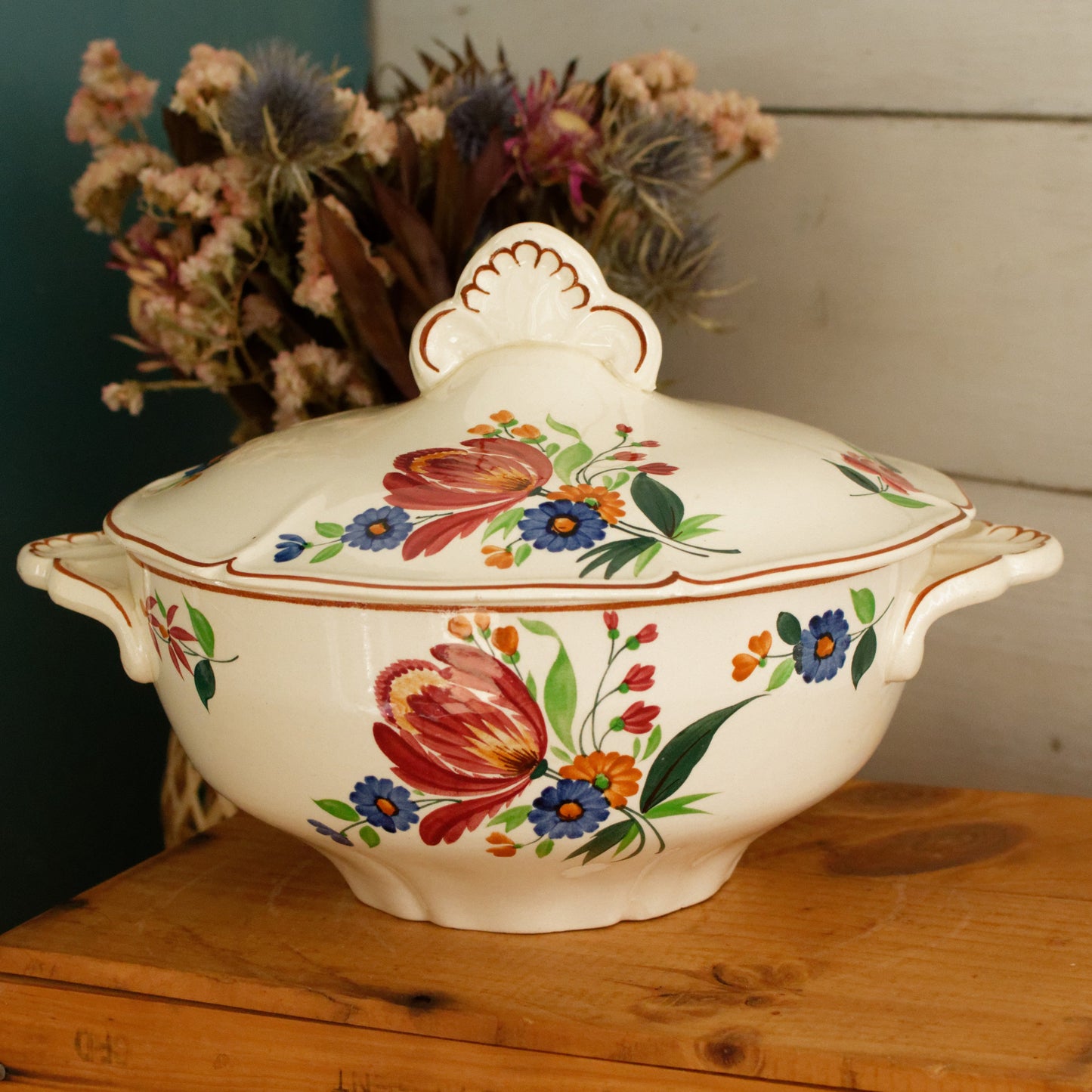 ST AMAND Ste des Etablissement de Ceramique French Vintage Hand-Painted Ironstone Polychrome Soup Tureen Soupiere Terre de fer faience
