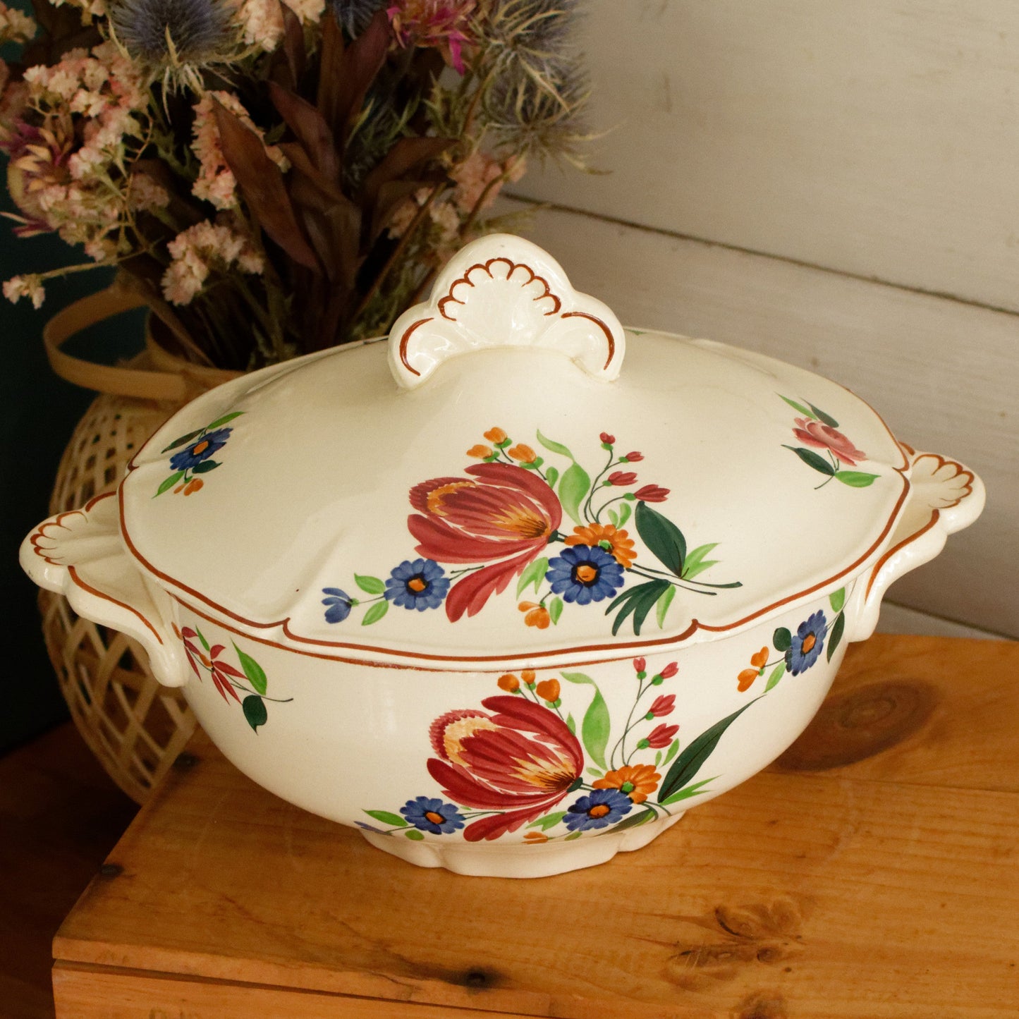 ST AMAND Ste des Etablissement de Ceramique French Vintage Hand-Painted Ironstone Polychrome Soup Tureen Soupiere Terre de fer faience