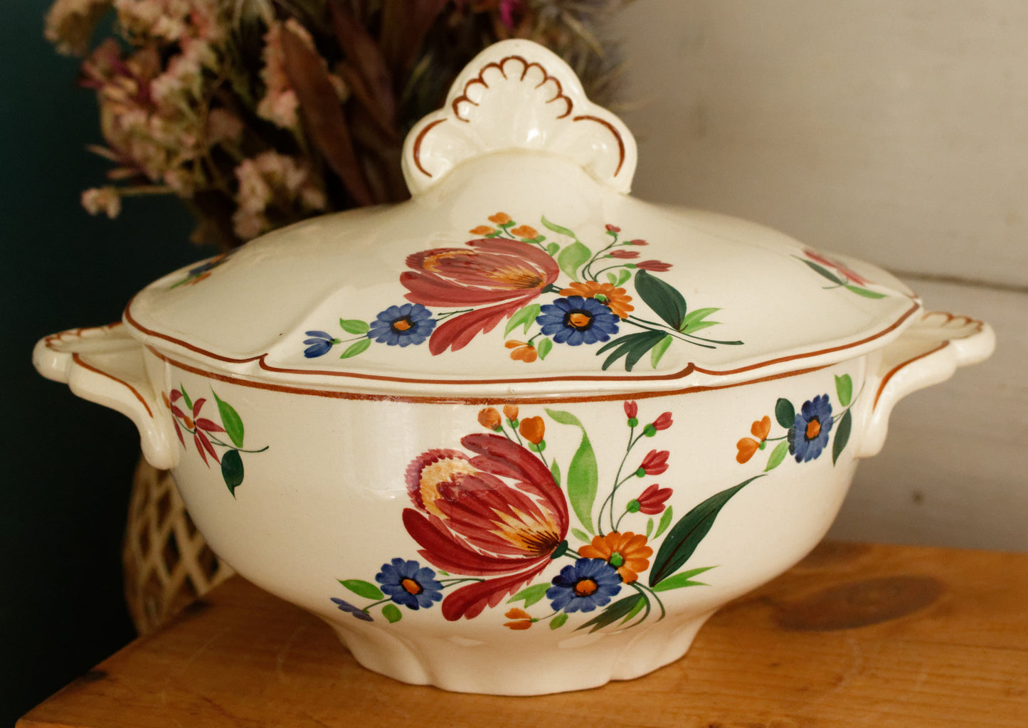 ST AMAND Ste des Etablissement de Ceramique French Vintage Hand-Painted Ironstone Polychrome Soup Tureen Soupiere Terre de fer faience