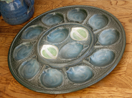 Saint Clement France 4589 French Vintage BARBOTINE Majolica Oyster Shellfish Huître Platter Plate with 12 & 6 Wells Made in France