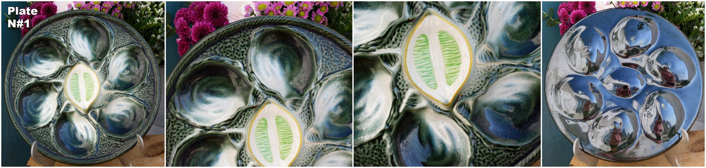 Saint Clement Made in France French Vintage BARBOTINE Oyster Shellfish Huître Plate with 6 Wells en Faience