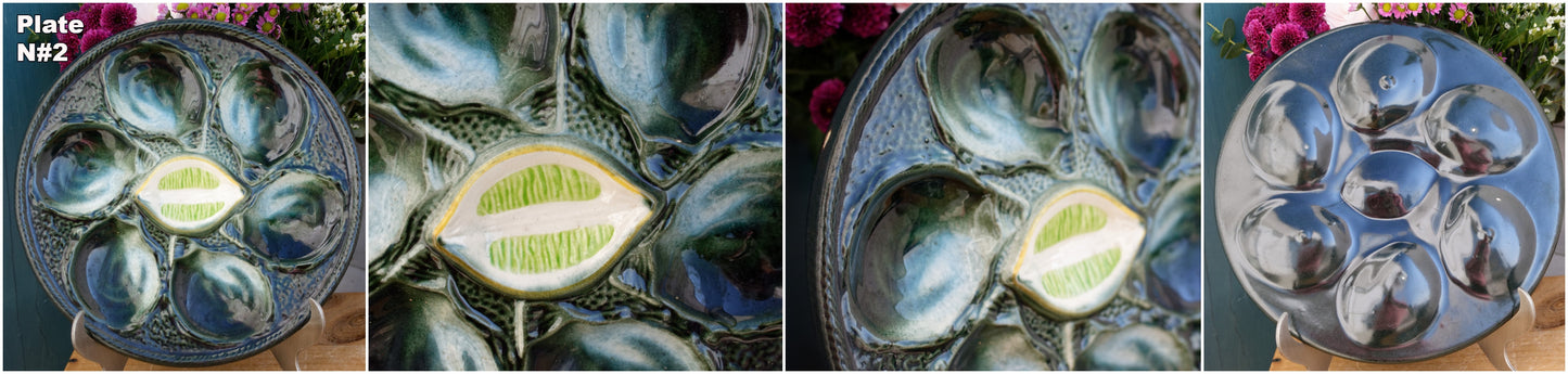 Saint Clement Made in France French Vintage BARBOTINE Oyster Shellfish Huître Plate with 6 Wells en Faience