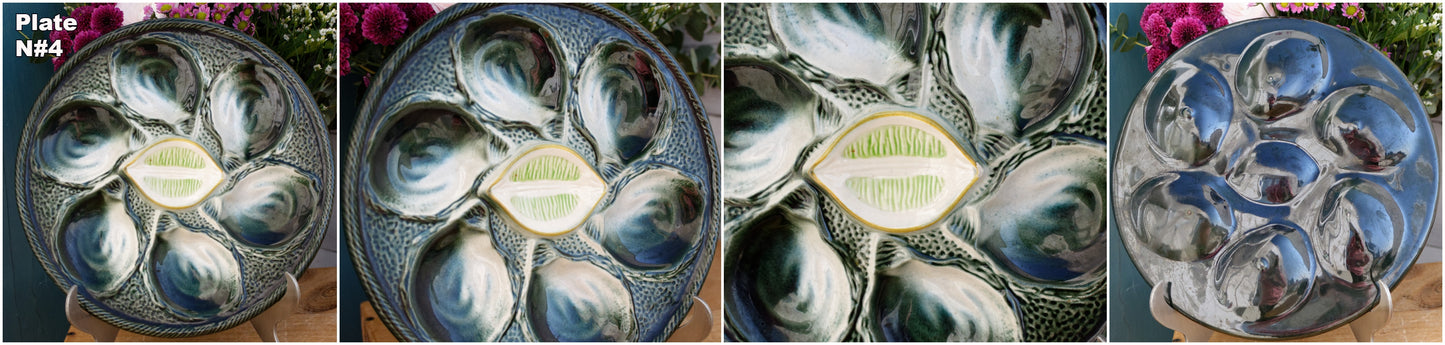 Saint Clement Made in France French Vintage BARBOTINE Oyster Shellfish Huître Plate with 6 Wells en Faience