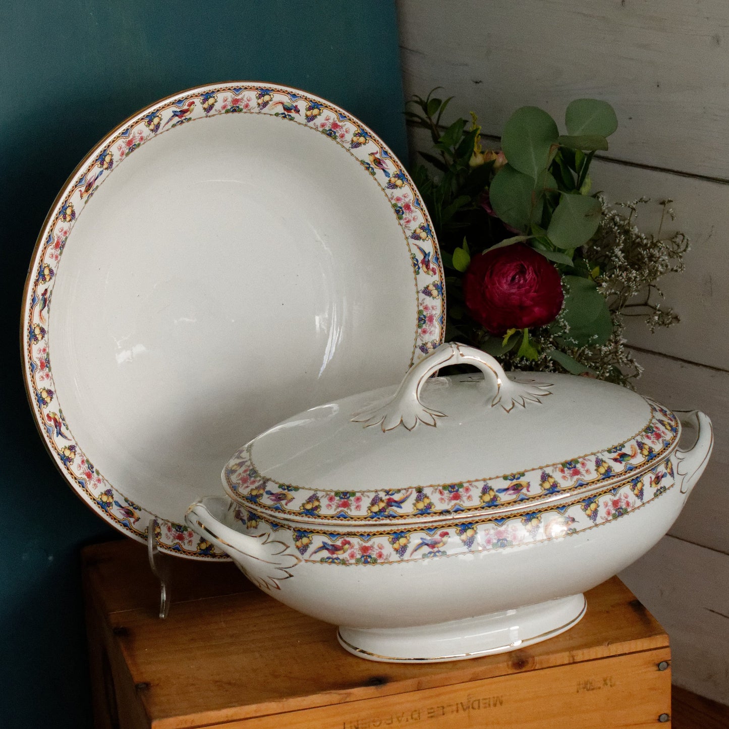 1880年代/1900年代 ~ フォンタンジュスタイルモチーフのディゴアン・サルグミーヌ ~ フランスアンティーク アイアンストーン グリーントランスファーウェア スープチュリーン「スープピエール」 ~ テール・ド・フェール