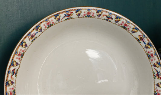 1930s ~ SARREGUEMINES Birds & Fruit ~ French Antique Ironstone Round Serving Bowl "CREUX" ~ Terre de Fer Faience