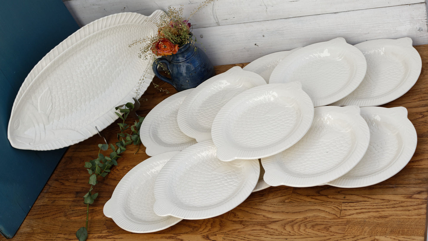 1930s SARREGUEMINES France French Vintage Fish Shaped Plate White Carp BARBOTINE Majolica en Faience Terre de Fer