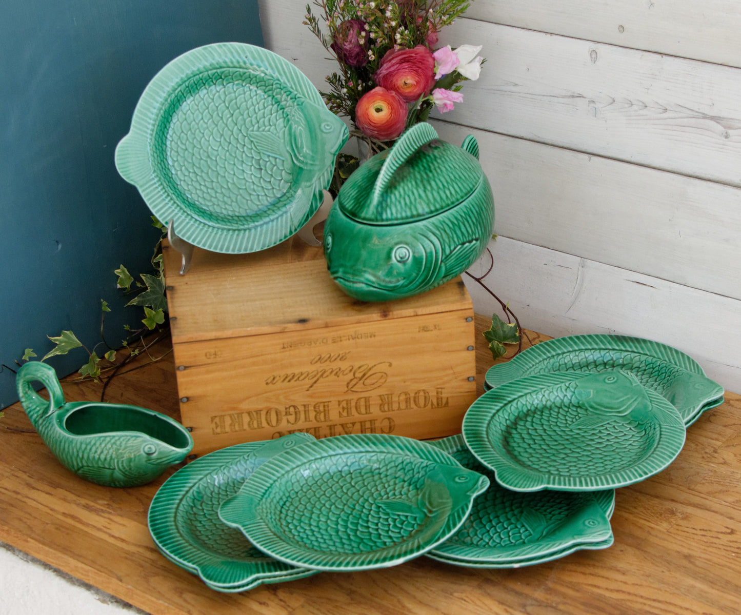 SARREGUEMINES France French Vintage Fish Shaped Plate Green Carp BARBOTINE Majolica en Faience Terre de Fer