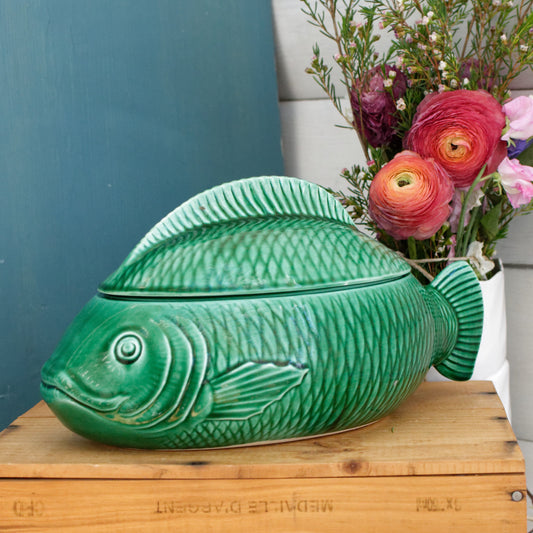 SARREGUEMINES France French Vintage Fish Shaped Lidded Soup Tureen Soupiere Green Carp BARBOTINE Majolica en Faience Terre de Fer