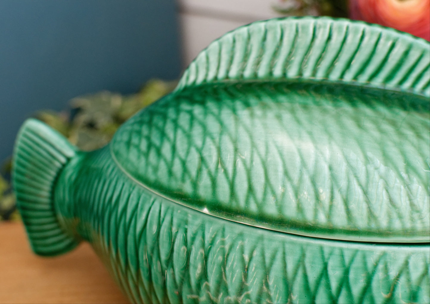 SARREGUEMINES France French Vintage Fish Shaped Lidded Soup Tureen Soupiere Green Carp BARBOTINE Majolica en Faience Terre de Fer