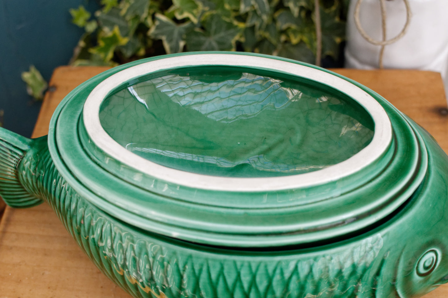 SARREGUEMINES France French Vintage Fish Shaped Lidded Soup Tureen Soupiere Green Carp BARBOTINE Majolica en Faience Terre de Fer