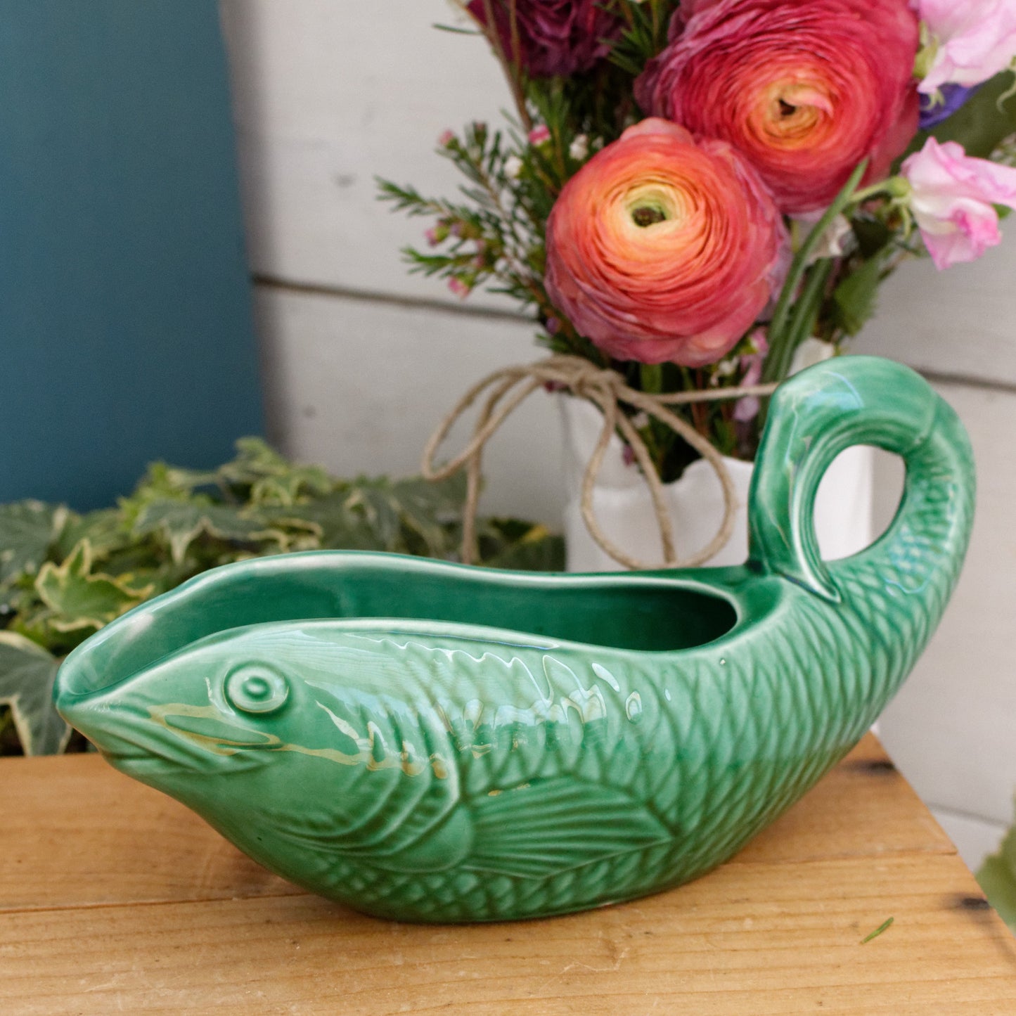 SARREGUEMINES France French Vintage Fish Shaped Gravy Sauce Boat Saucier Green Carp BARBOTINE Majolica en Faience Terre de Fer
