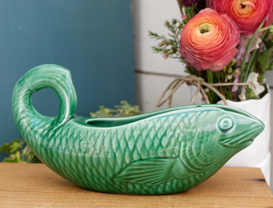 SARREGUEMINES France French Vintage Fish Shaped Gravy Sauce Boat Saucier Green Carp BARBOTINE Majolica en Faience Terre de Fer