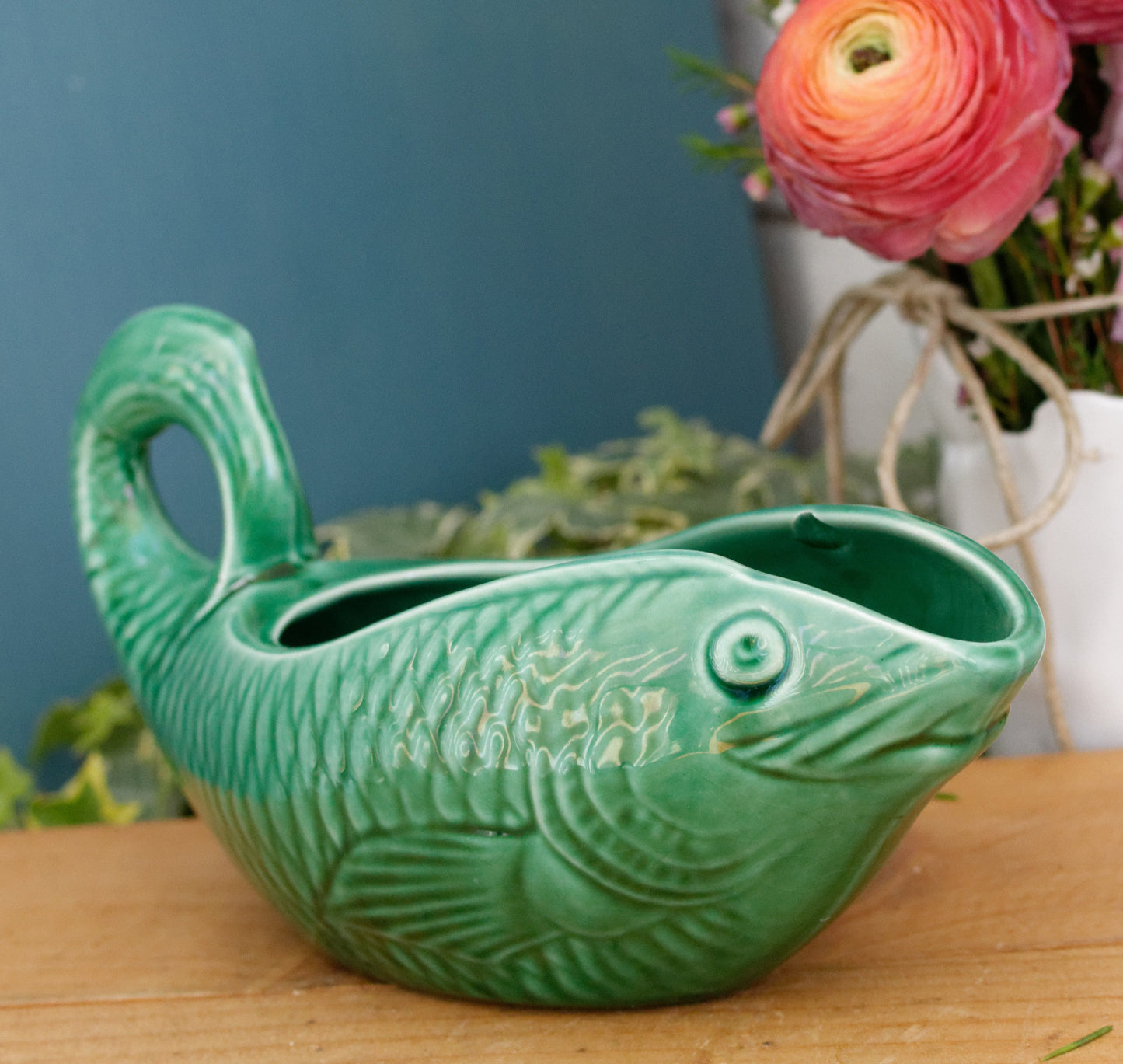 SARREGUEMINES France French Vintage Fish Shaped Gravy Sauce Boat Saucier Green Carp BARBOTINE Majolica en Faience Terre de Fer