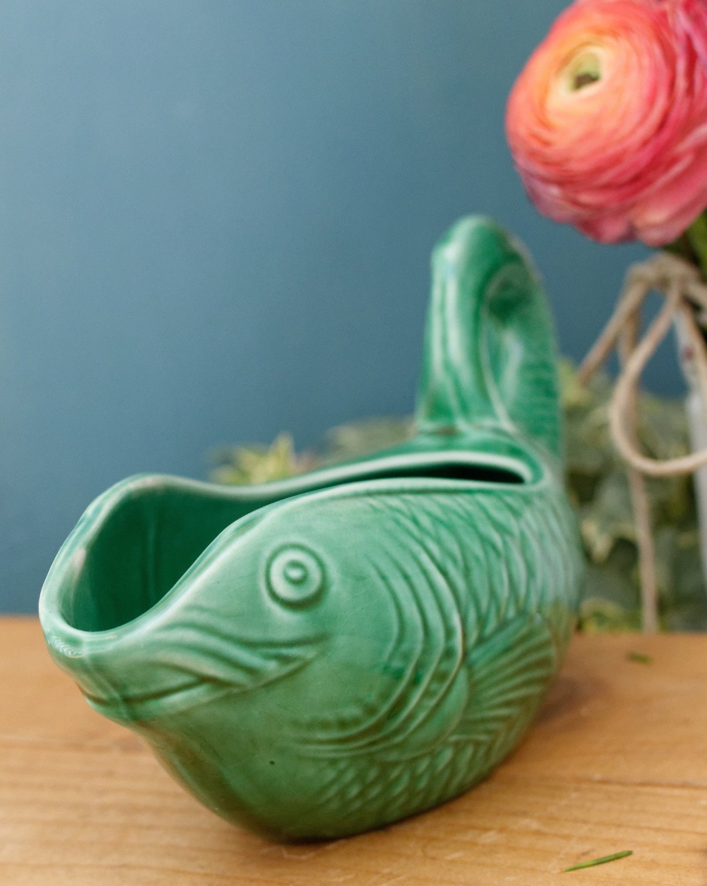 SARREGUEMINES France French Vintage Fish Shaped Gravy Sauce Boat Saucier Green Carp BARBOTINE Majolica en Faience Terre de Fer