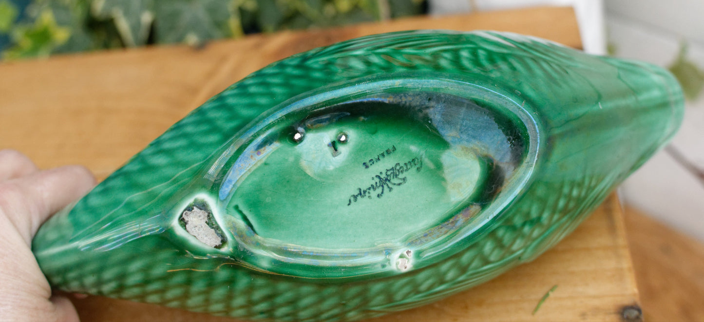 SARREGUEMINES France French Vintage Fish Shaped Gravy Sauce Boat Saucier Green Carp BARBOTINE Majolica en Faience Terre de Fer