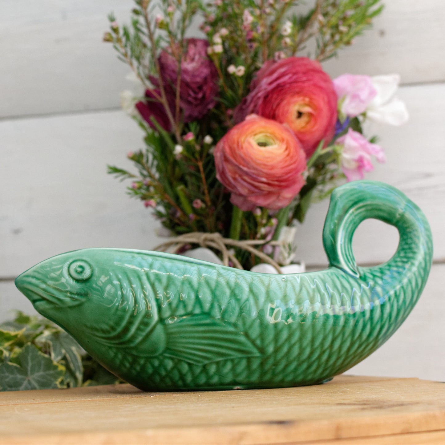 SARREGUEMINES France French Vintage Fish Shaped Gravy Sauce Boat Saucier Green Carp BARBOTINE Majolica en Faience Terre de Fer