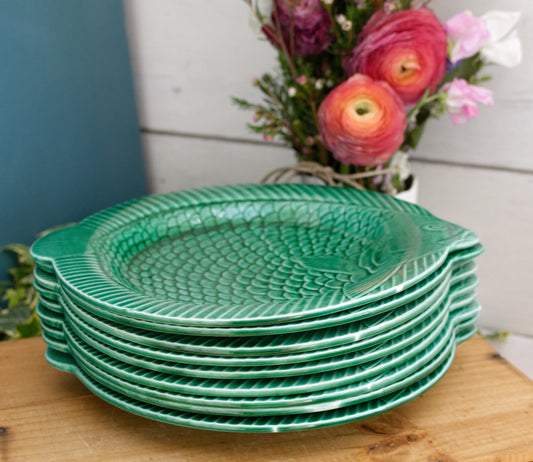 SARREGUEMINES France French Vintage Fish Shaped Plate Green Carp BARBOTINE Majolica en Faience Terre de Fer
