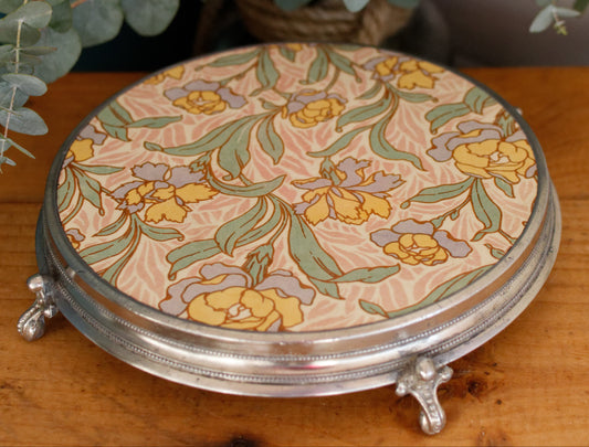 French Vintage Ironstone Polychrome Art Deco TRIVET Hot Plate "Dessous Plat Faience" SARREGUEMINES Round Ceramic Porcelain Floral Pot Stand