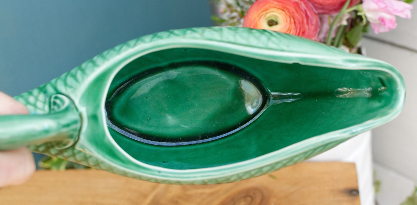 SARREGUEMINES France French Vintage Fish Shaped Gravy Sauce Boat Saucier Green Carp BARBOTINE Majolica en Faience Terre de Fer