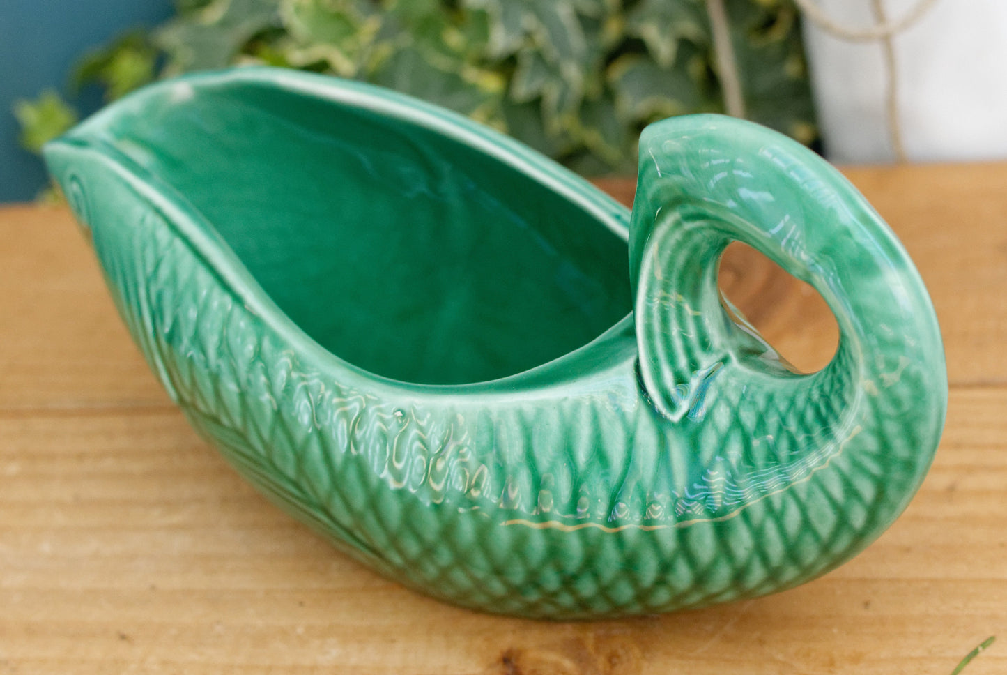 SARREGUEMINES France French Vintage Fish Shaped Gravy Sauce Boat Saucier Green Carp BARBOTINE Majolica en Faience Terre de Fer