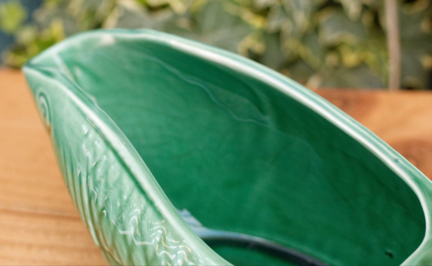 SARREGUEMINES France French Vintage Fish Shaped Gravy Sauce Boat Saucier Green Carp BARBOTINE Majolica en Faience Terre de Fer