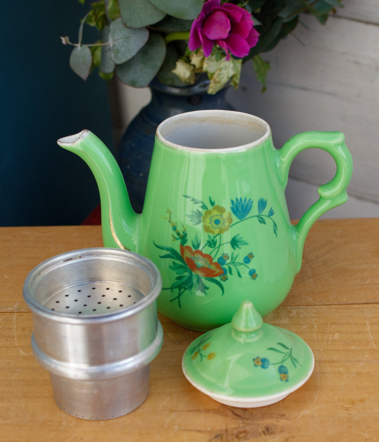 French Vintage Porcelain Small Coffee Tea Pot Percolator with Filter Collectible Cafetiere