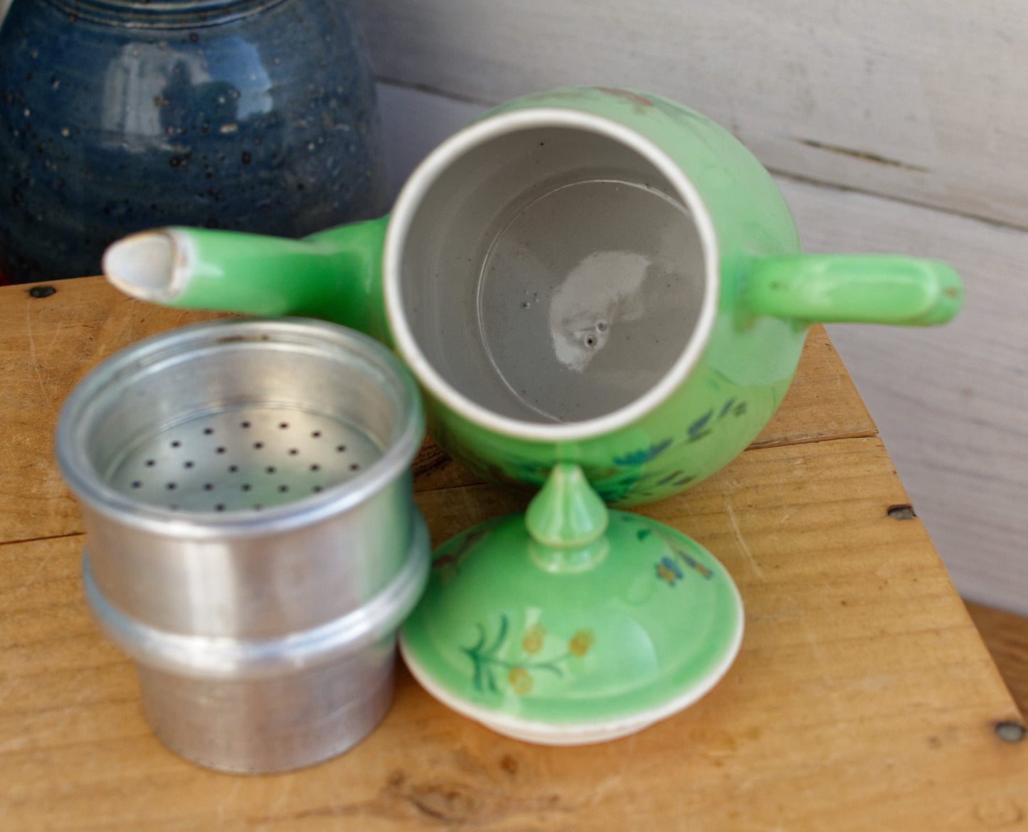 French Vintage Porcelain Small Coffee Tea Pot Percolator with Filter Collectible Cafetiere
