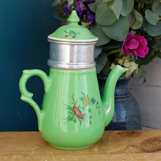 French Vintage Porcelain Small Coffee Tea Pot Percolator with Filter Collectible Cafetiere