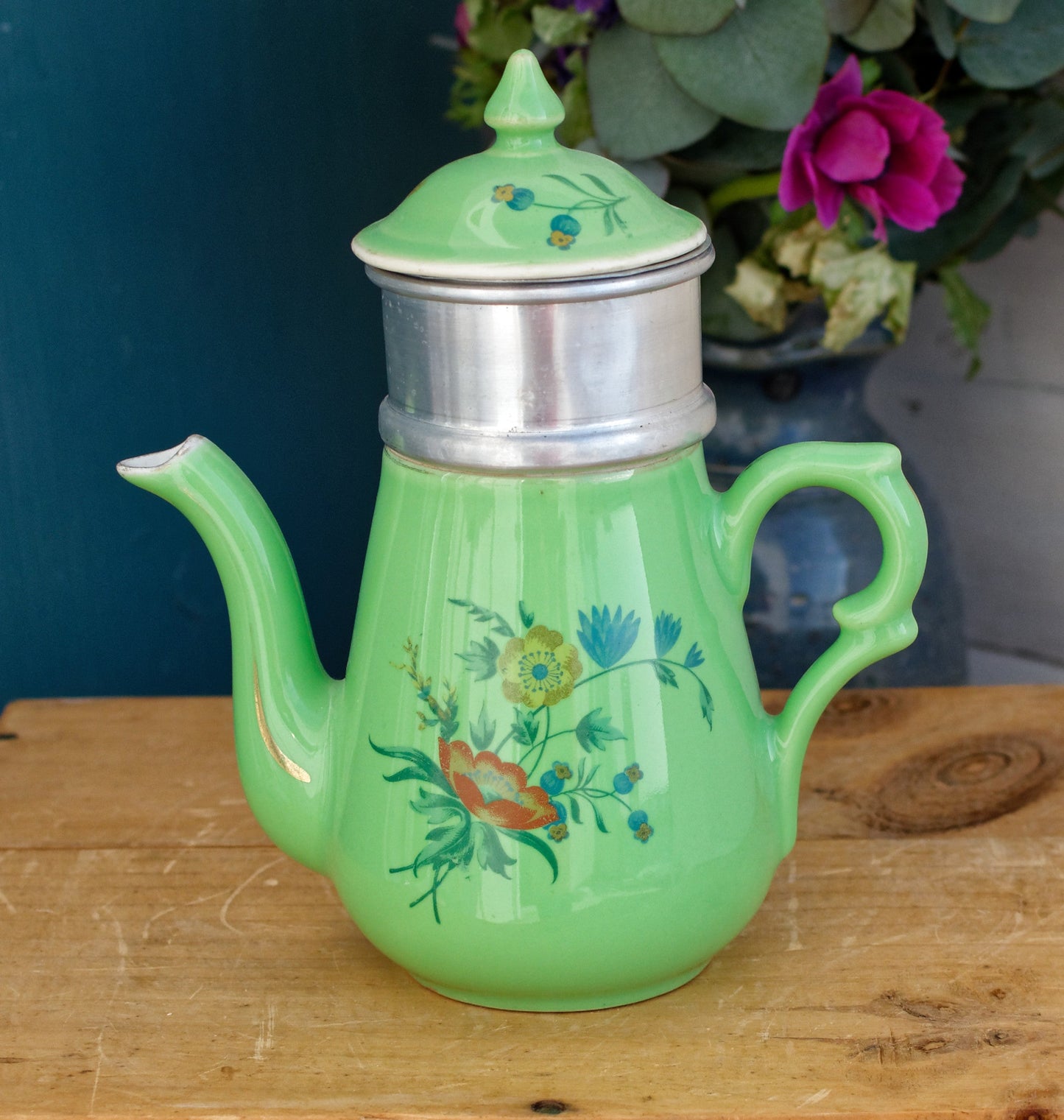 French Vintage Porcelain Small Coffee Tea Pot Percolator with Filter Collectible Cafetiere