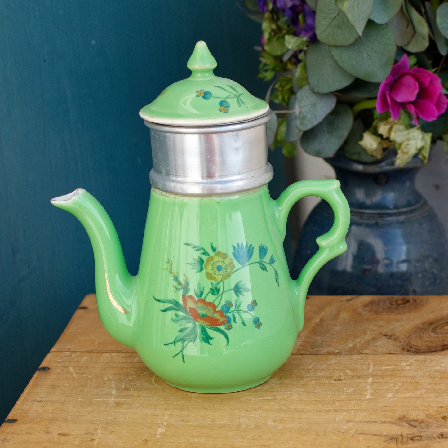 French Vintage Porcelain Small Coffee Tea Pot Percolator with Filter Collectible Cafetiere