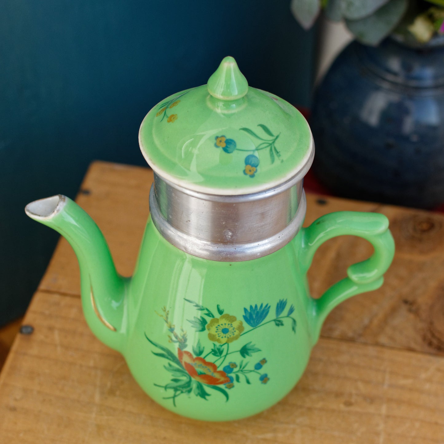 French Vintage Porcelain Small Coffee Tea Pot Percolator with Filter Collectible Cafetiere