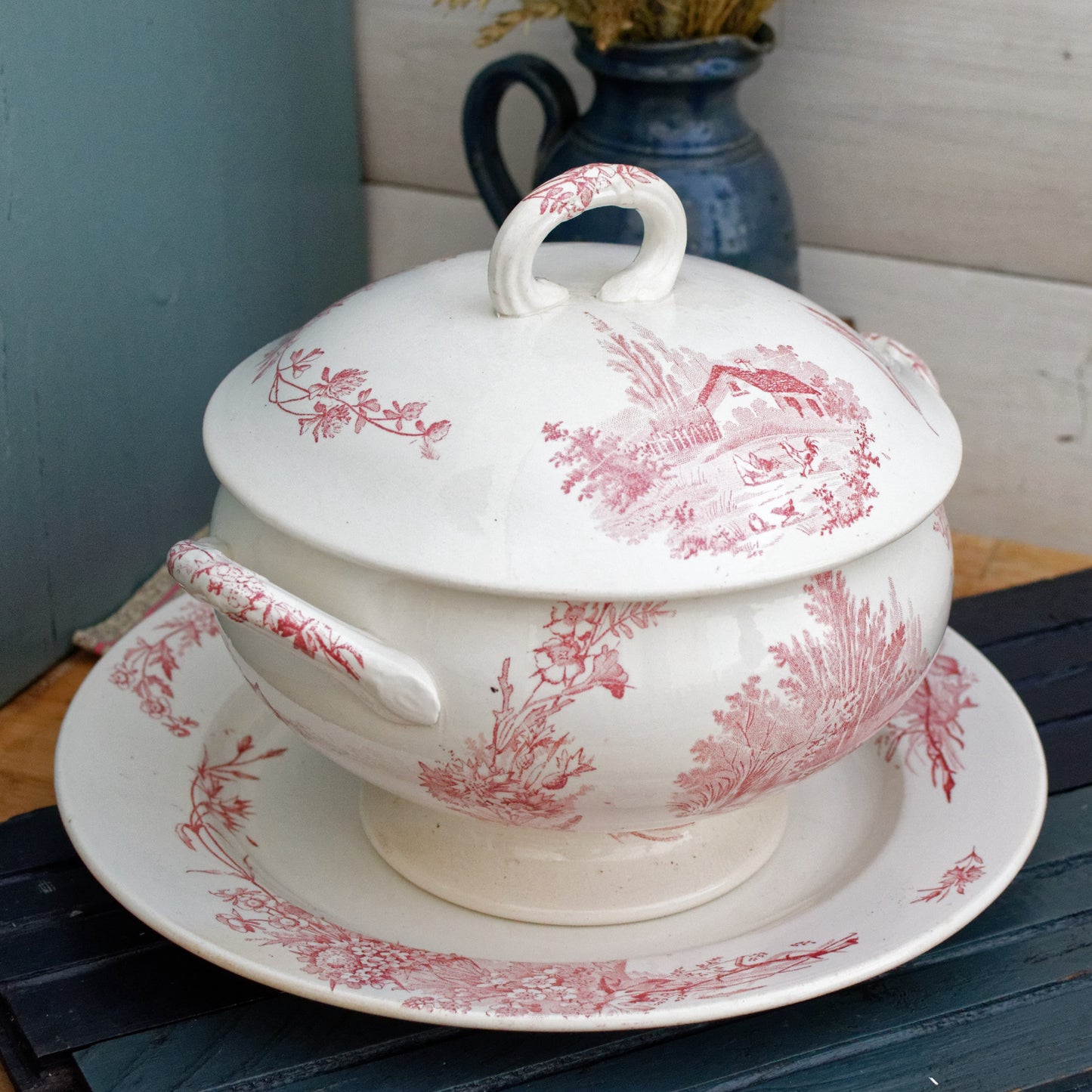 French Ironstone Red Transferware Soup Tureen Soupiere & Serving Plate Champetre FF (Fenal Frères) PEXONNE Terre de Fer
