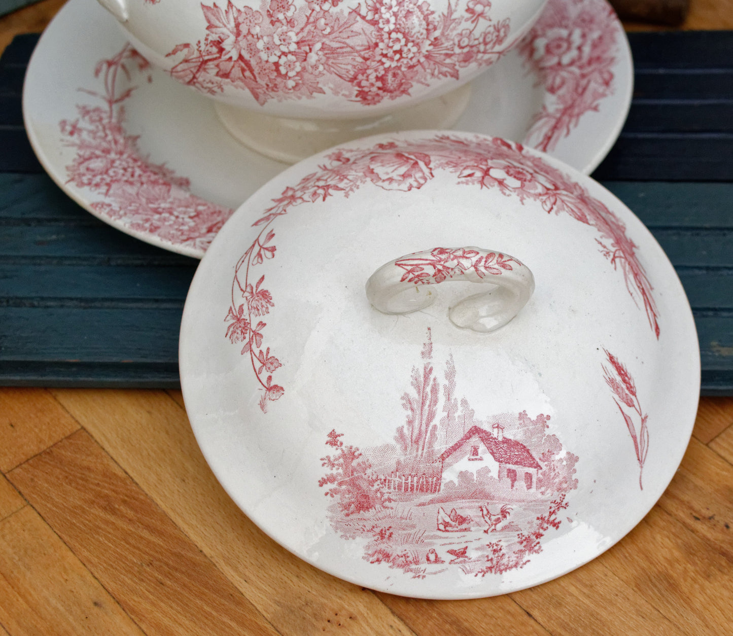 French Ironstone Red Transferware Soup Tureen Soupiere & Serving Plate Champetre FF (Fenal Frères) PEXONNE Terre de Fer