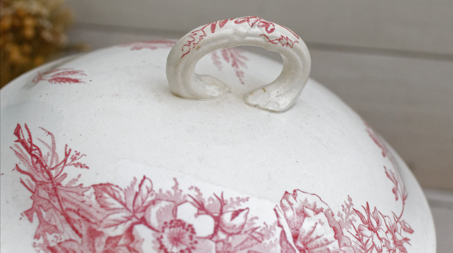 French Ironstone Red Transferware Soup Tureen Soupiere & Serving Plate Champetre FF (Fenal Frères) PEXONNE Terre de Fer