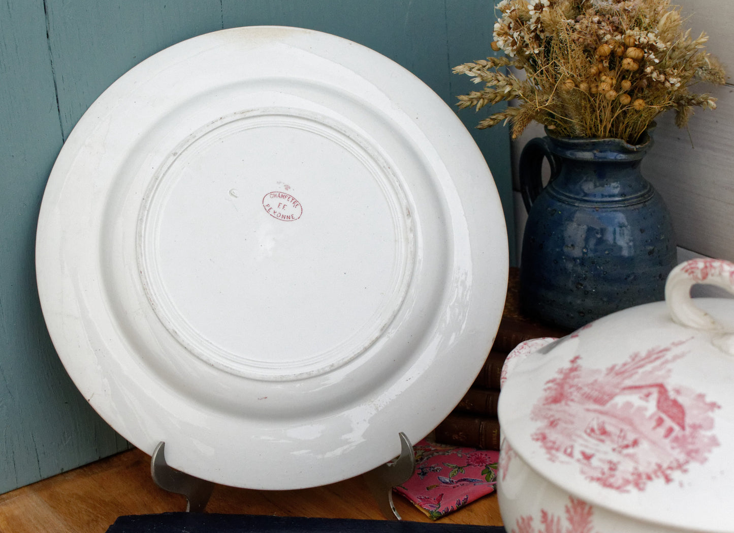 French Ironstone Red Transferware Soup Tureen Soupiere & Serving Plate Champetre FF (Fenal Frères) PEXONNE Terre de Fer